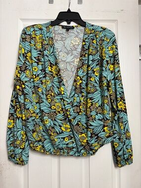 INC International Concepts Teal & Yellow Floral Wrap Top